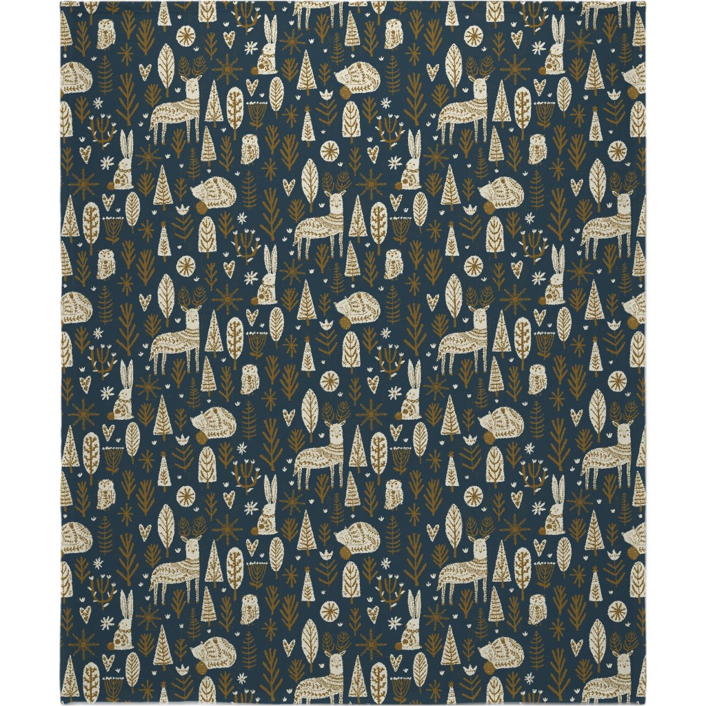 Scandi Snowflake Holiday - Prussian Blue With Pecan and Vanilla Blanket, Plush Fleece, 50x60, Blue