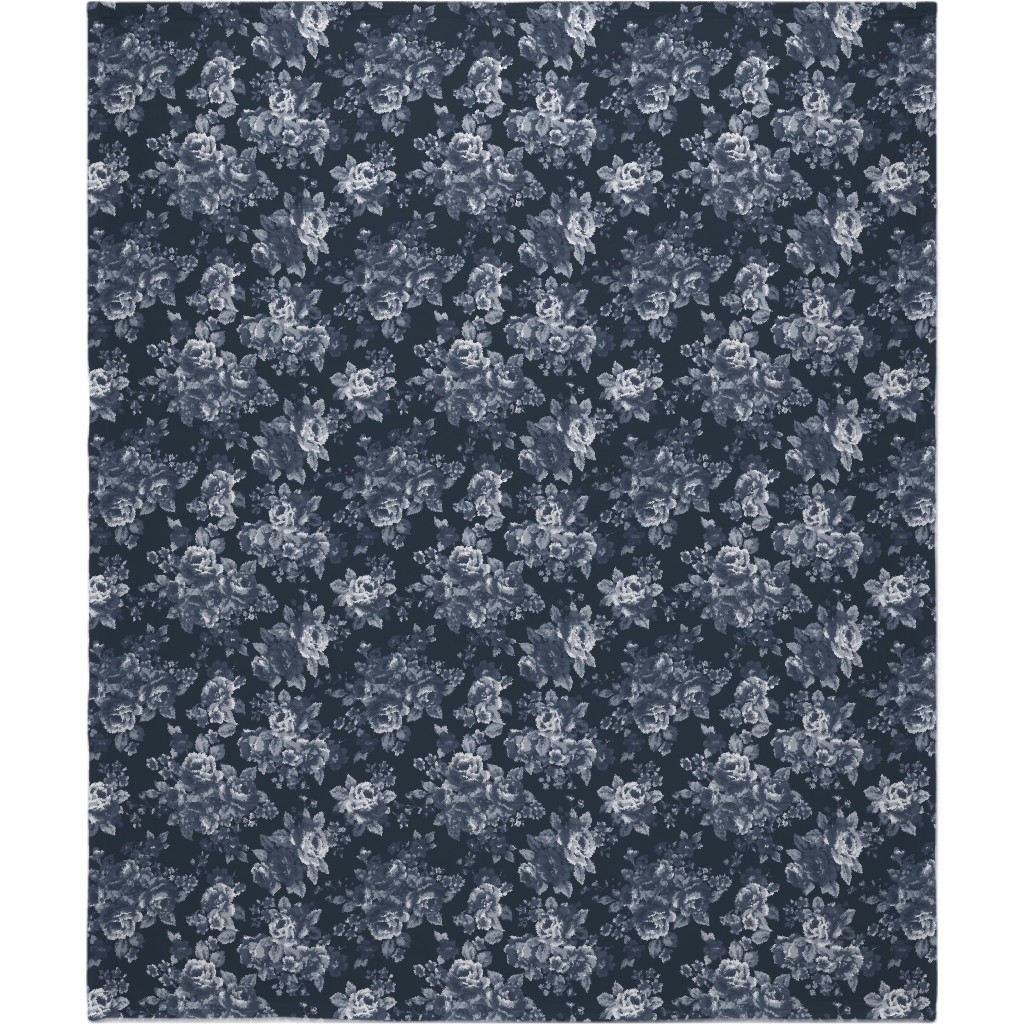 Navy Floral Blanket, Plush Fleece, 50x60, Blue