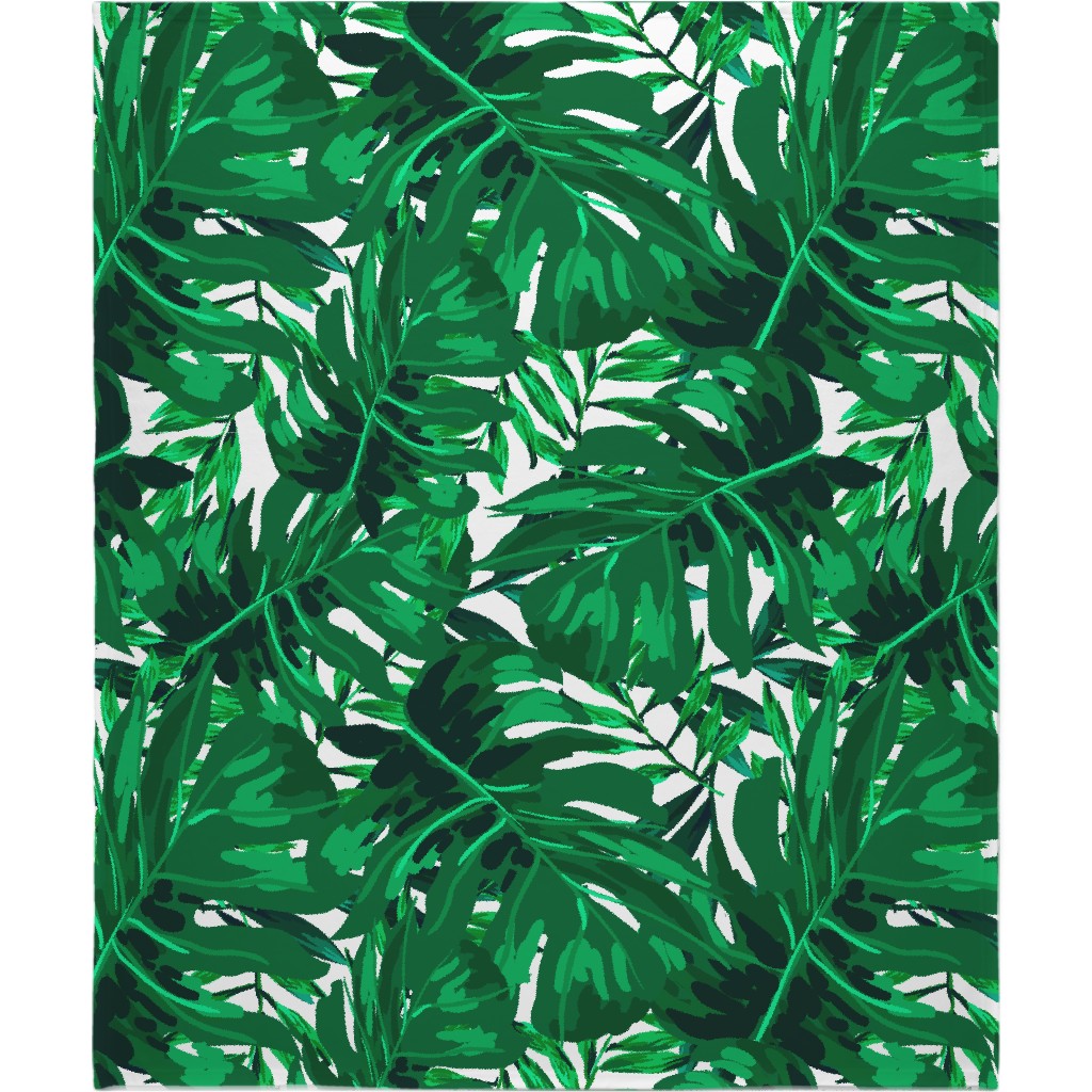 Tropical Leaves - Bright Green Blanket, Plush Fleece, 50x60, Green