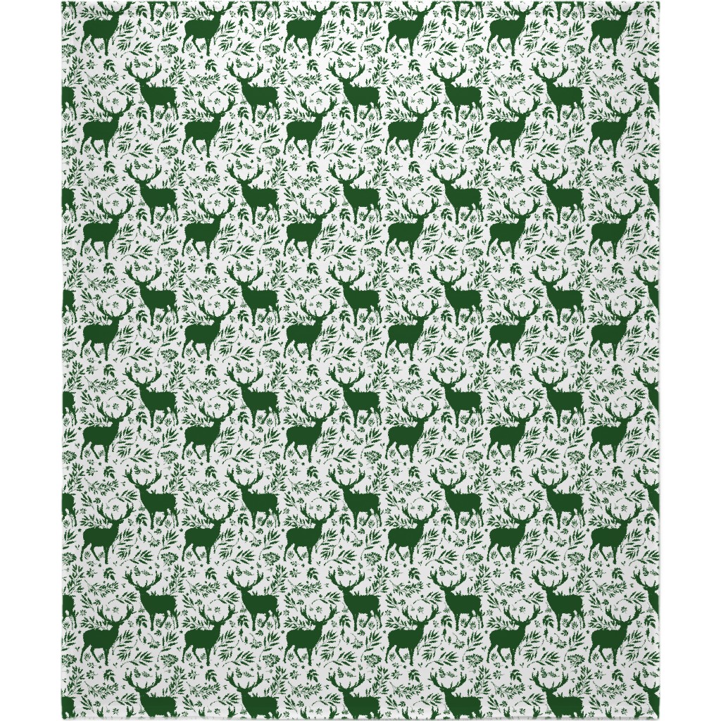 Winter Scene - Green on White Blanket, Plush Fleece, 50x60, Green