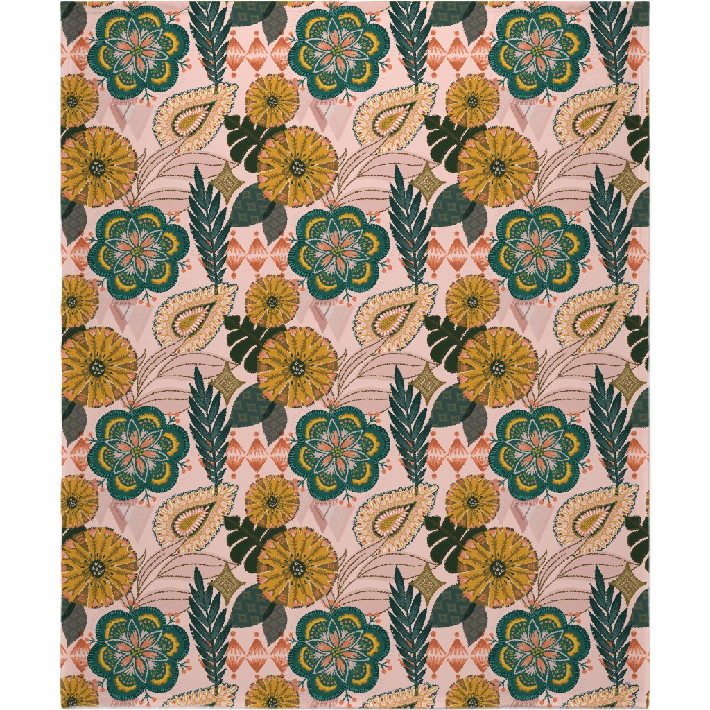 Boho Tropical - Floral - Pink Blanket, Plush Fleece, 50x60, Multicolor