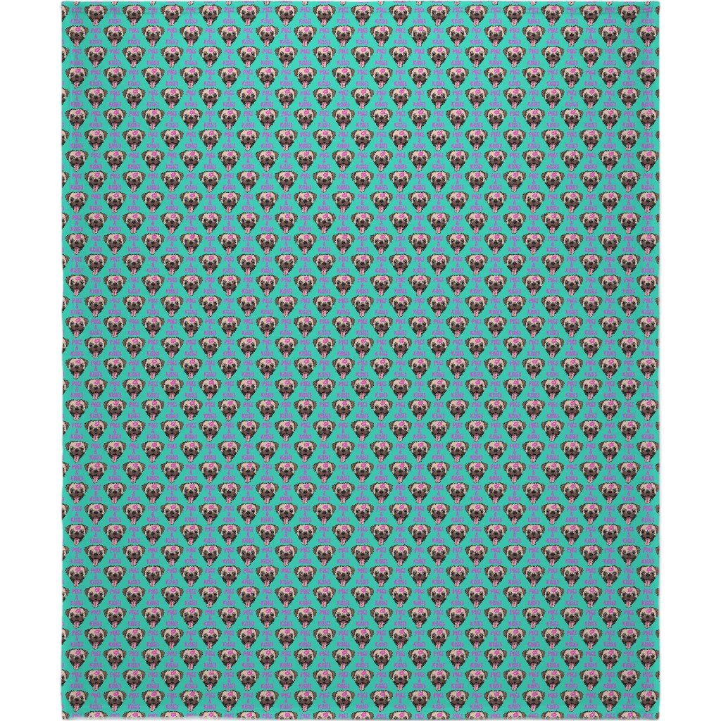 Pugs & Kisses - Cute Pug Dog - Teal Blanket, Plush Fleece, 50x60, Green