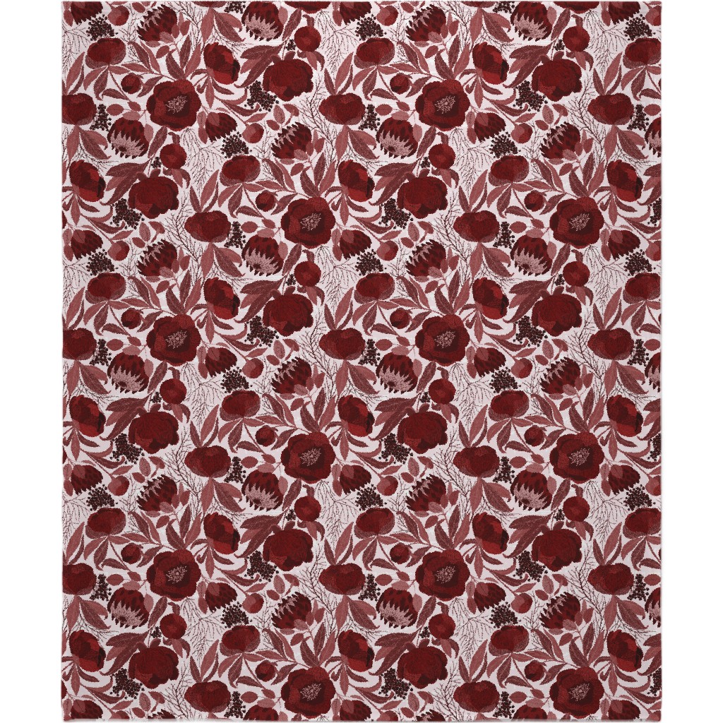 Peony and King Protea - Burgundy Blanket, Plush Fleece, 50x60, Red