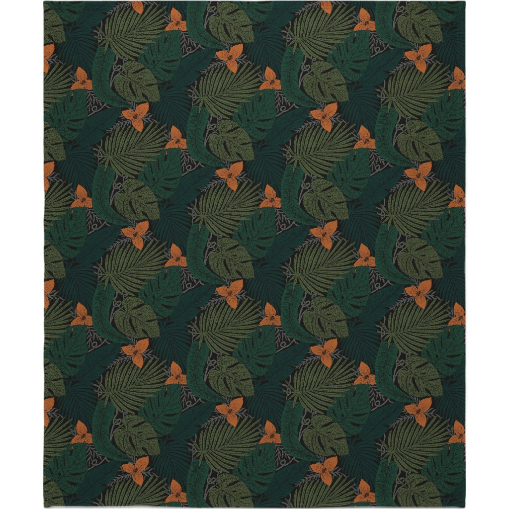 Moody Tropical Floral - Orange on Black Blanket, Sherpa, 50x60, Green