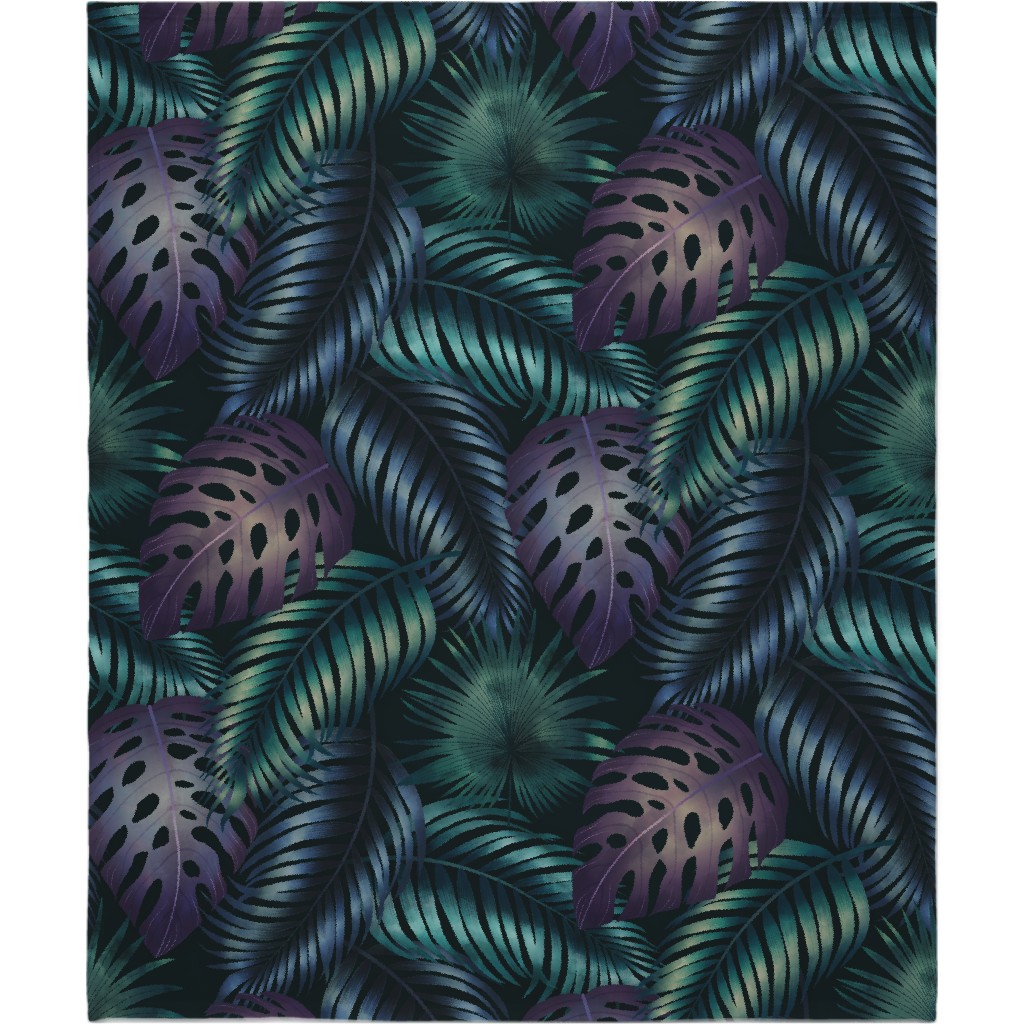 Tropical Leaves in the Moonlight - Dark Blanket, Sherpa, 50x60, Blue, True Blue