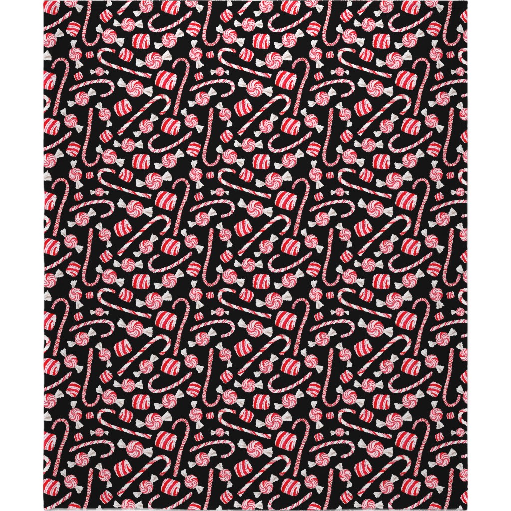 Christmas Candy Canes - Black Blanket, Sherpa, 50x60, Red, Red