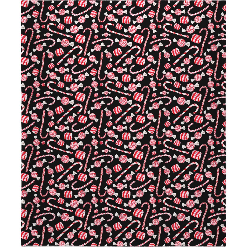 Christmas Candy Canes - Black Blanket, Sherpa, 50x60, Red