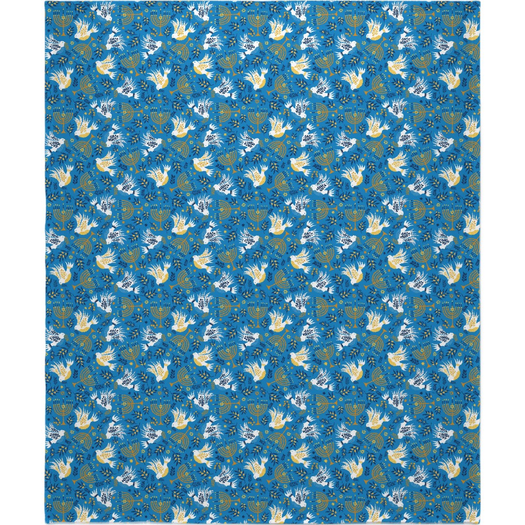 Hanukkah Birds Menorahs - Light Blue Blanket, Sherpa, 50x60, Blue
