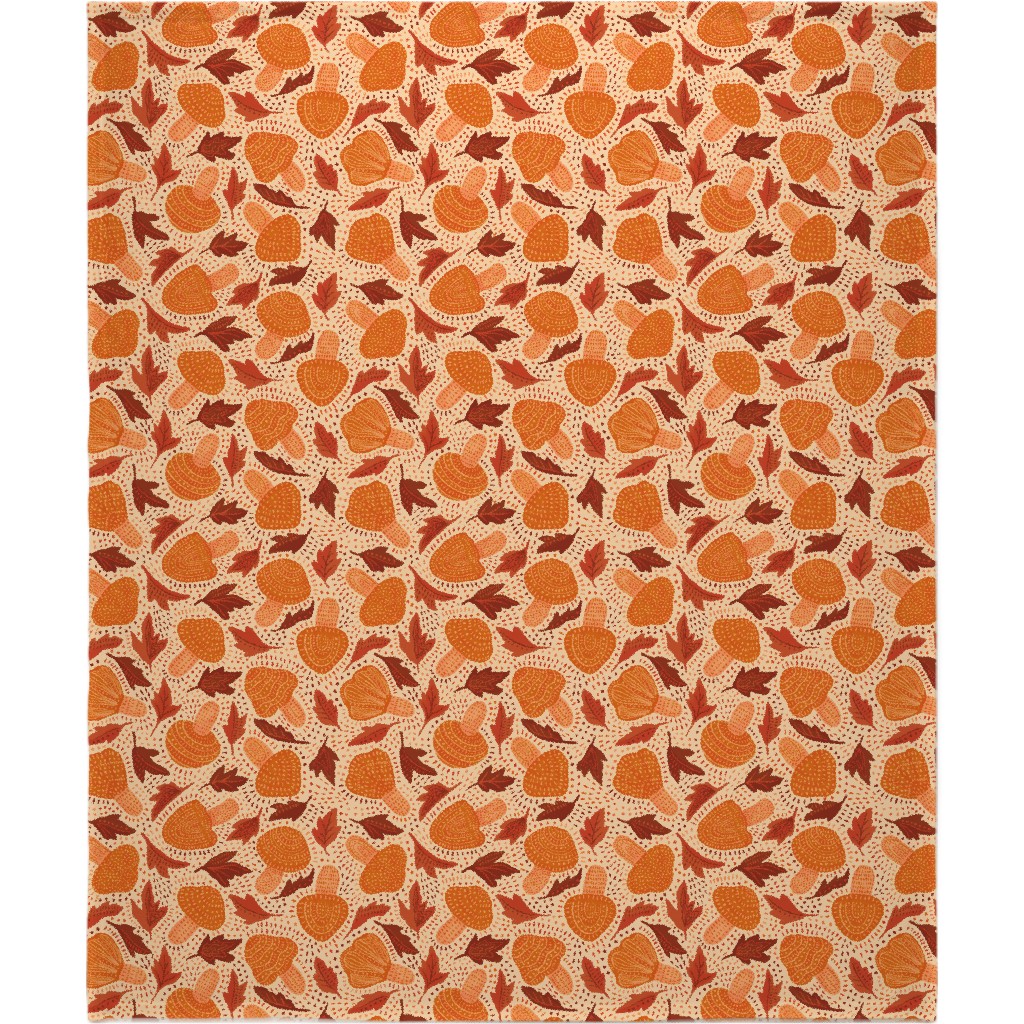Autumn Mushrooms and Fallen Leaves Blanket, Sherpa, 50x60, Orange