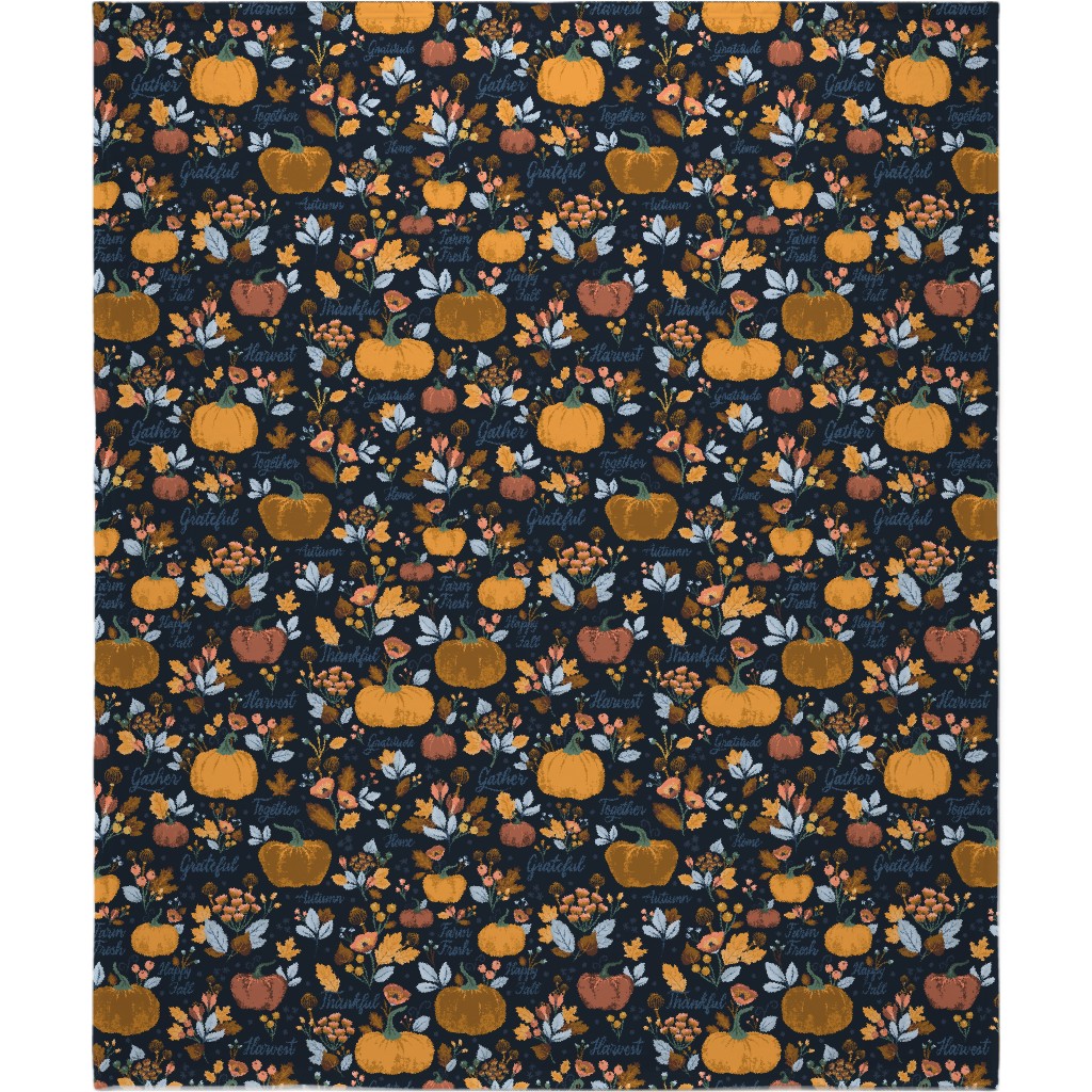 Elegant Fall Floral Harvest - Navy Blanket, Sherpa, 50x60, Orange, Orange