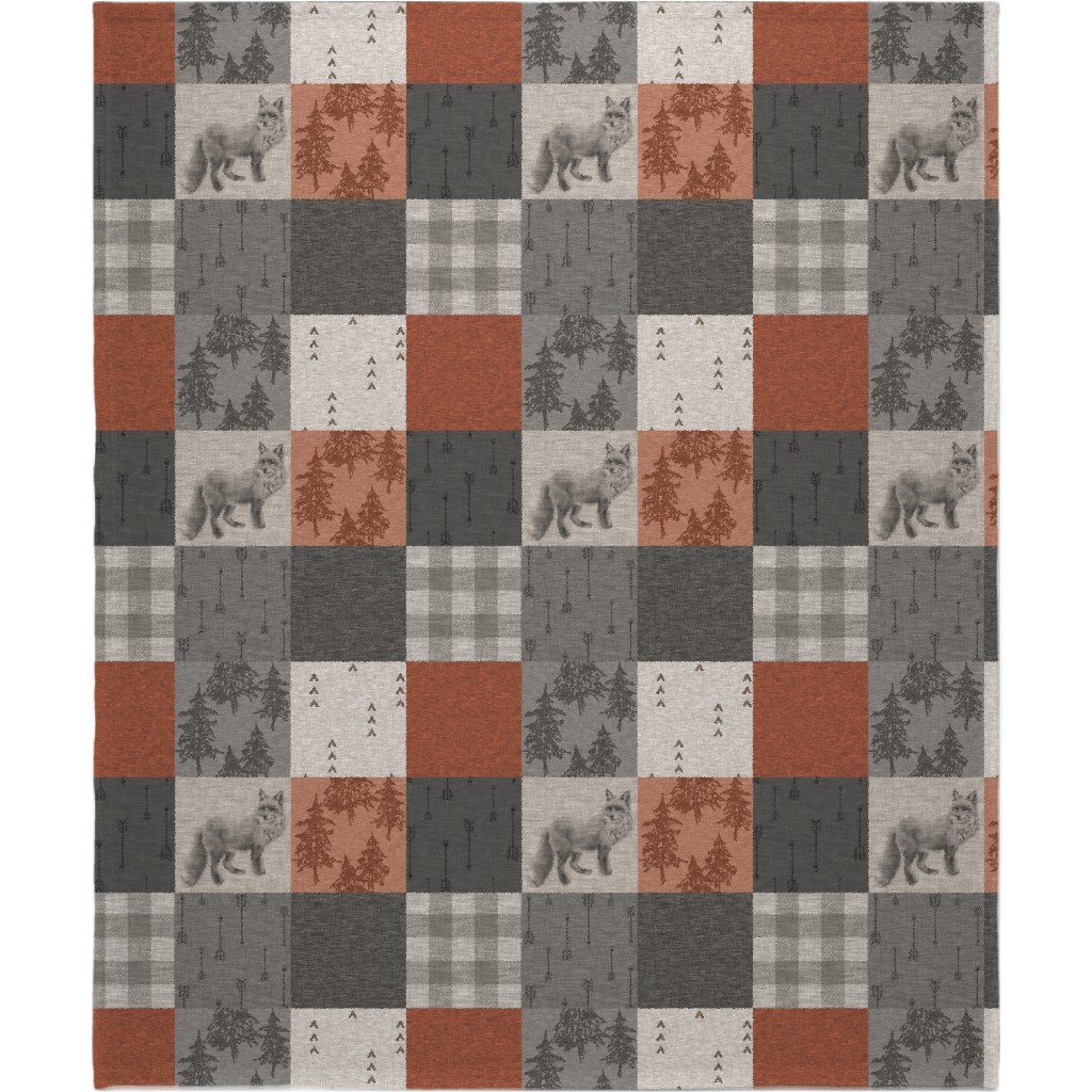 Fox and Arrows - Rust and Grey Blanket, Sherpa, 50x60, Gray
