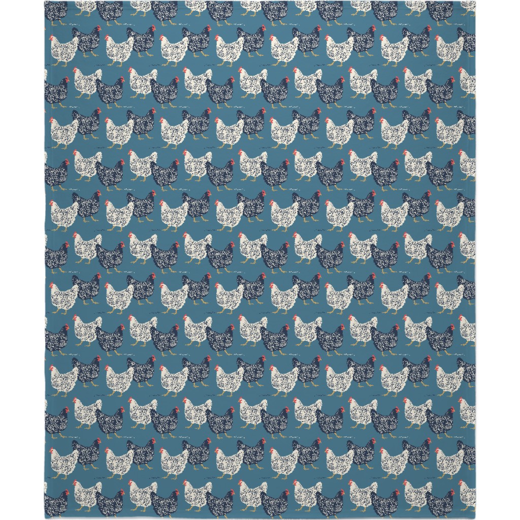 Farmhouse Chickens on Blue Blanket, Sherpa, 50x60, Blue
