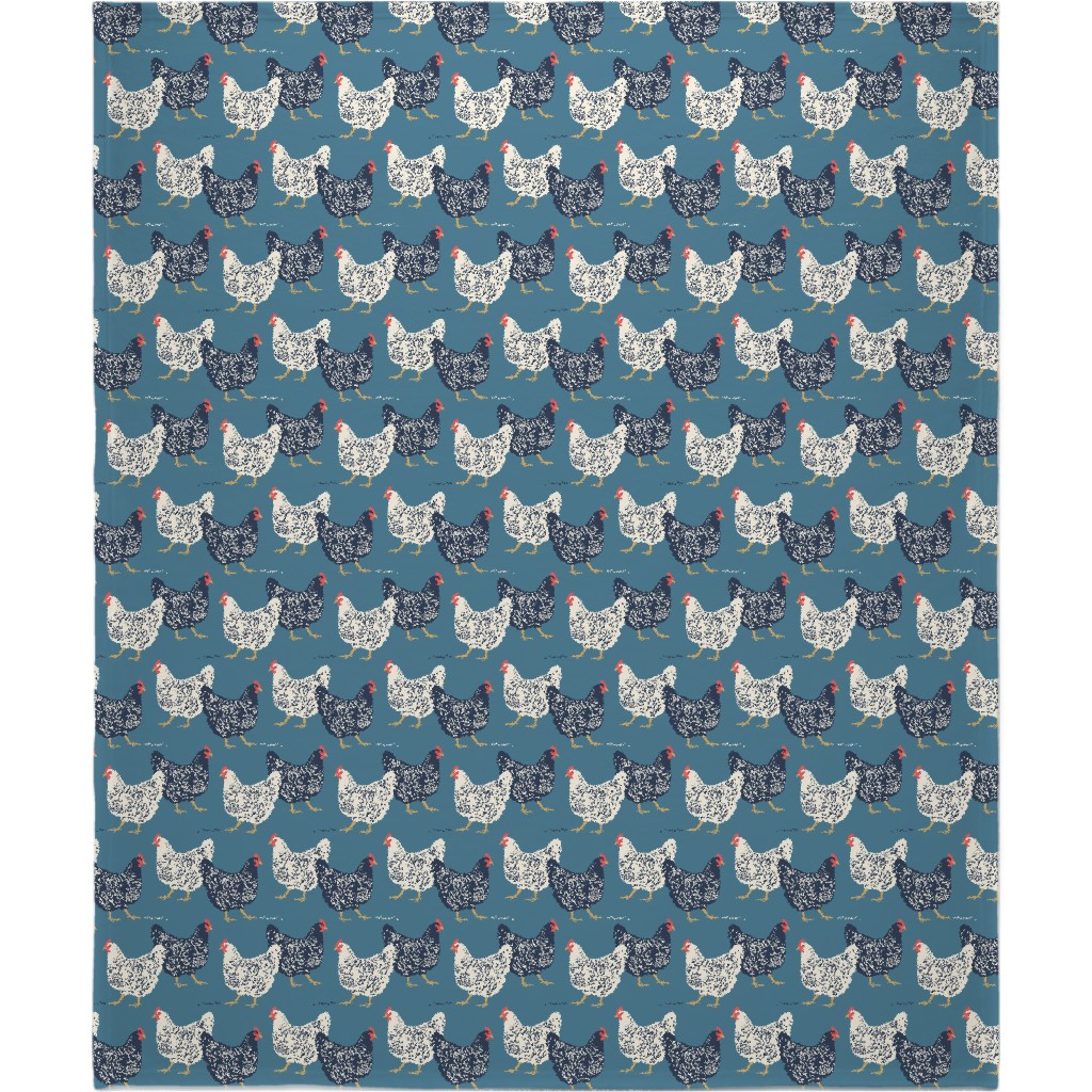 Farmhouse Chickens on Blue Blanket, Sherpa, 50x60, Blue, True Blue