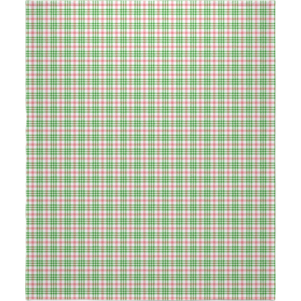 Pink, Green, and White Plaid Blanket, Sherpa, 50x60, Green