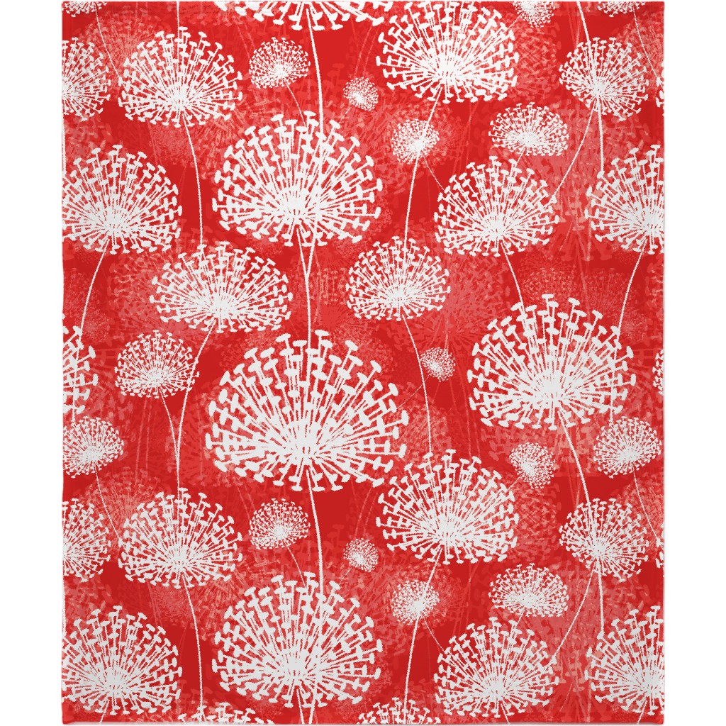 Dandelions - White on Red Blanket, Sherpa, 50x60, Red