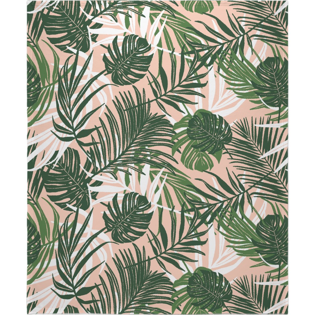 Hideaway Tropical Palm Leaves - Blush Pink Blanket, Sherpa, 50x60, Green, Classic Green