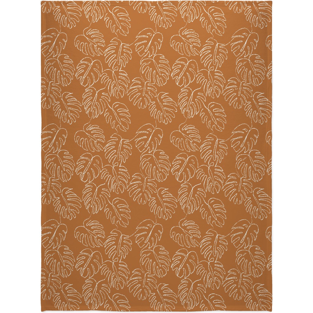 Monstera Line Art - Burnt Orange Blanket, Fleece, 60x80, Orange, Orange