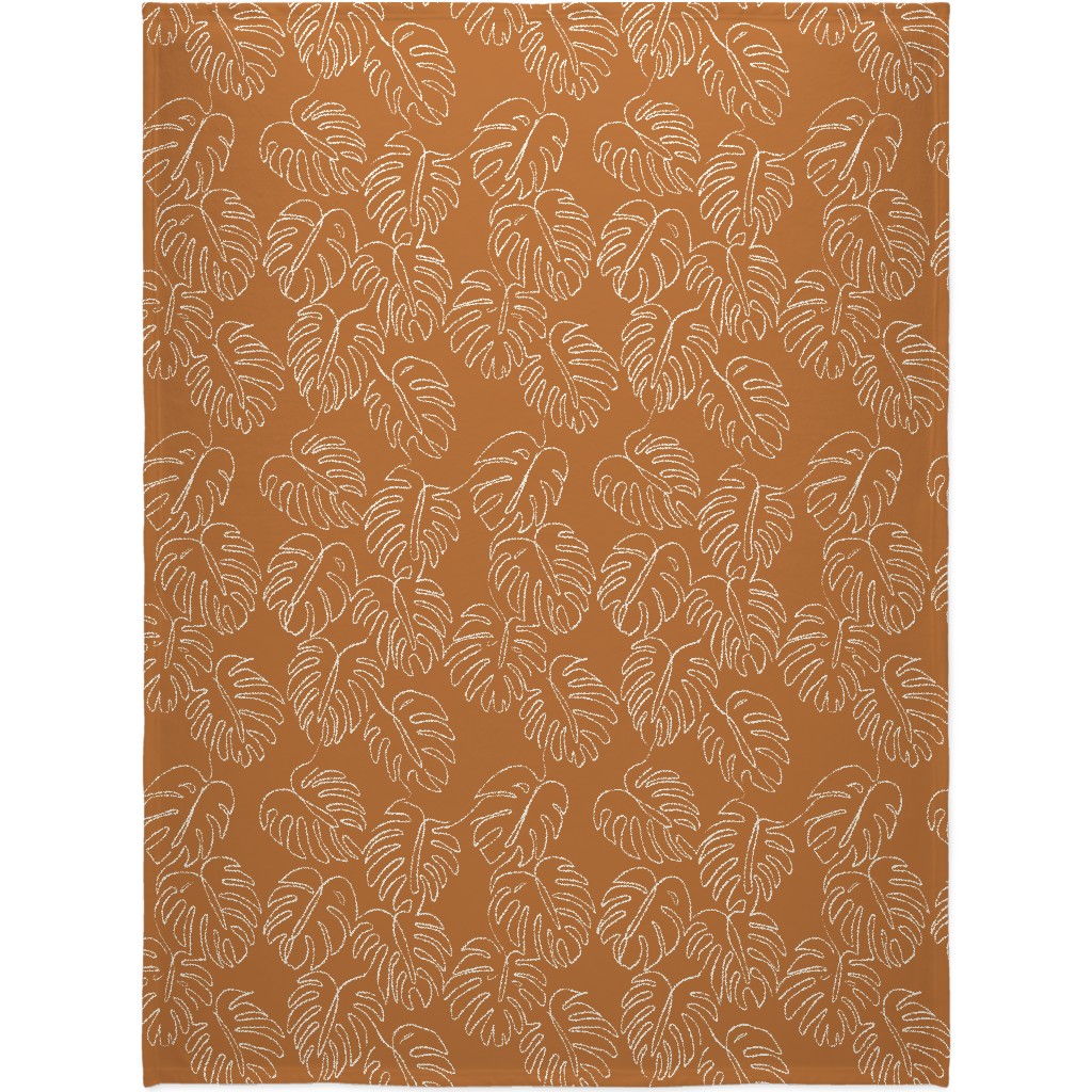 Monstera Line Art - Burnt Orange Blanket, Fleece, 60x80, Orange