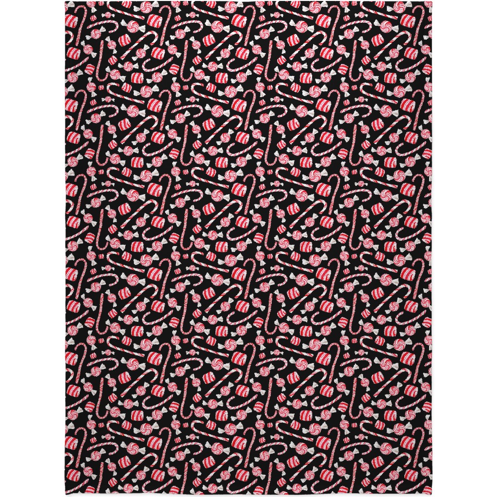 Christmas Candy Canes - Black Blanket, Fleece, 60x80, Red, Red