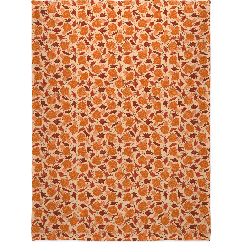 Autumn Mushrooms and Fallen Leaves Blanket, Fleece, 60x80, Orange