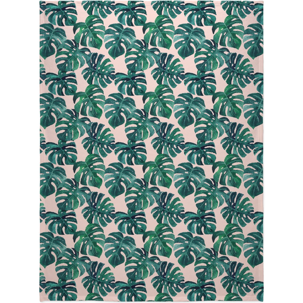 Watercolor Monstera Leaves - Green on Blush Pink Blanket, Fleece, 60x80, Green