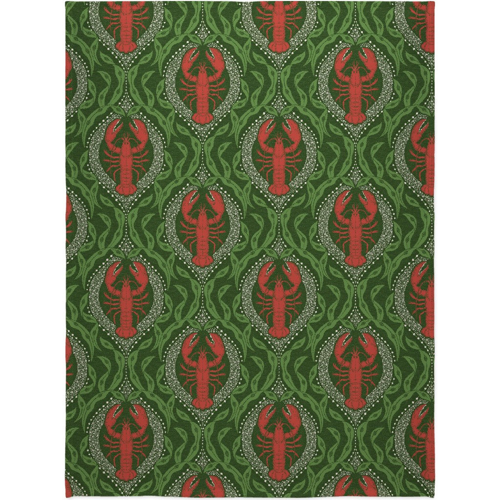 Lobster and Seaweed Nautical Damask Blanket, Fleece, 60x80, Green, Leaf