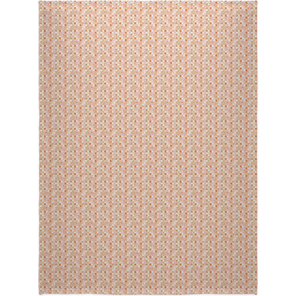 Retro Checkerboard - Daisy, Smile, Happy - Pink Orange Blanket, Fleece, 60x80, Orange