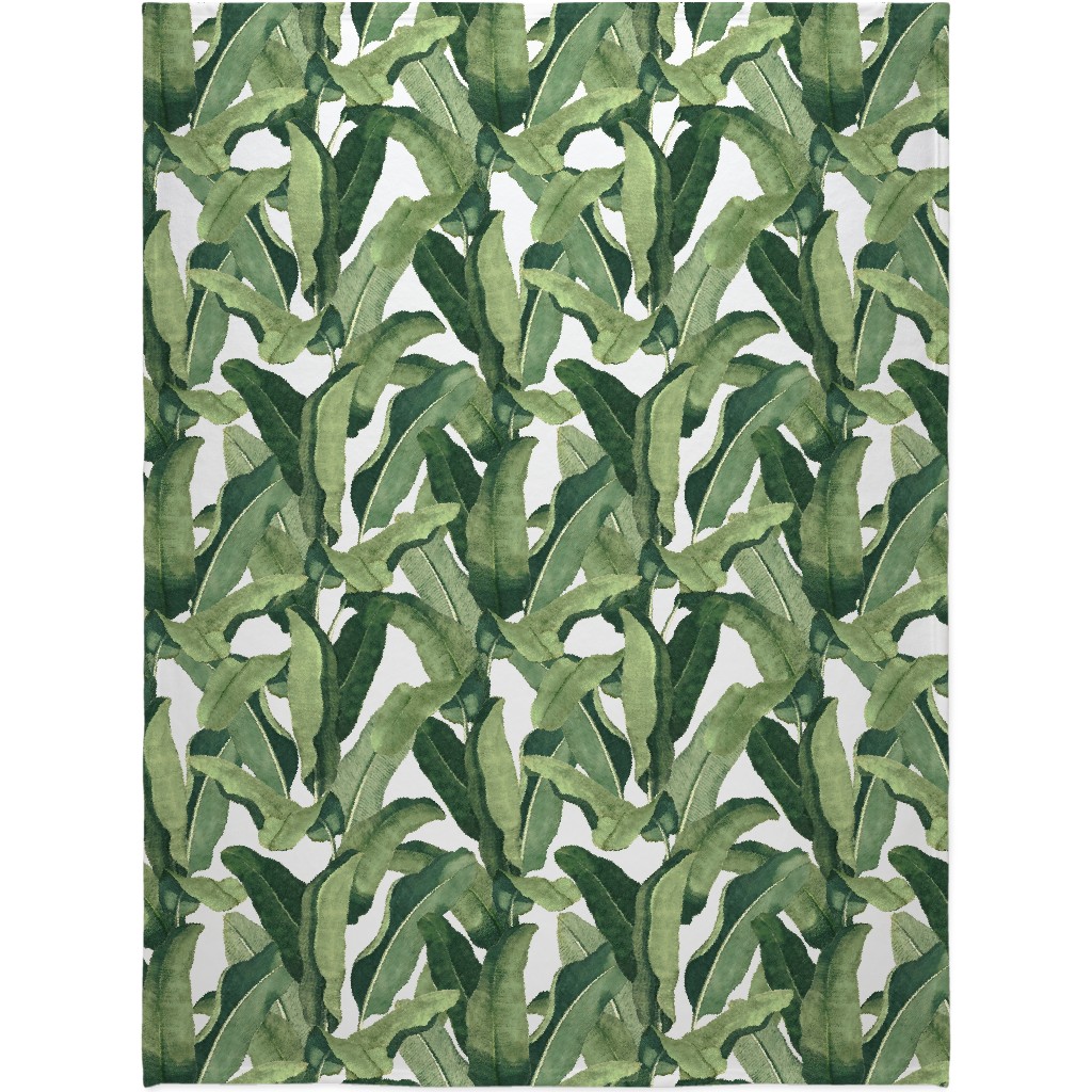 Tropical Leaves - Greens on White Blanket, Fleece, 60x80, Green
