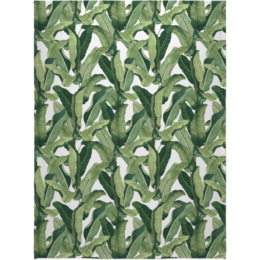 Tropical Leaves - Greens on White Blanket, Fleece, 60x80, Green, Classic Green