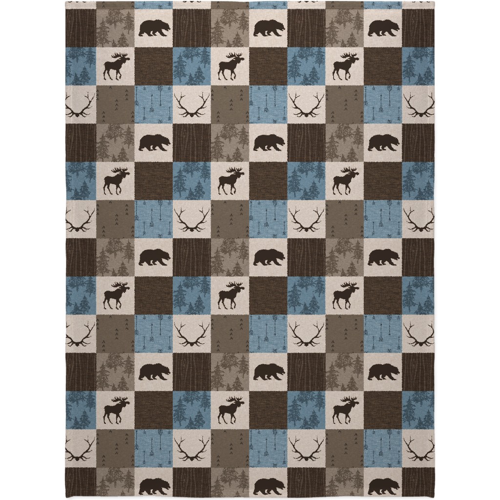 Rustic Woodlands - Blue, Brown and Cream Blanket, Fleece, 60x80, Brown