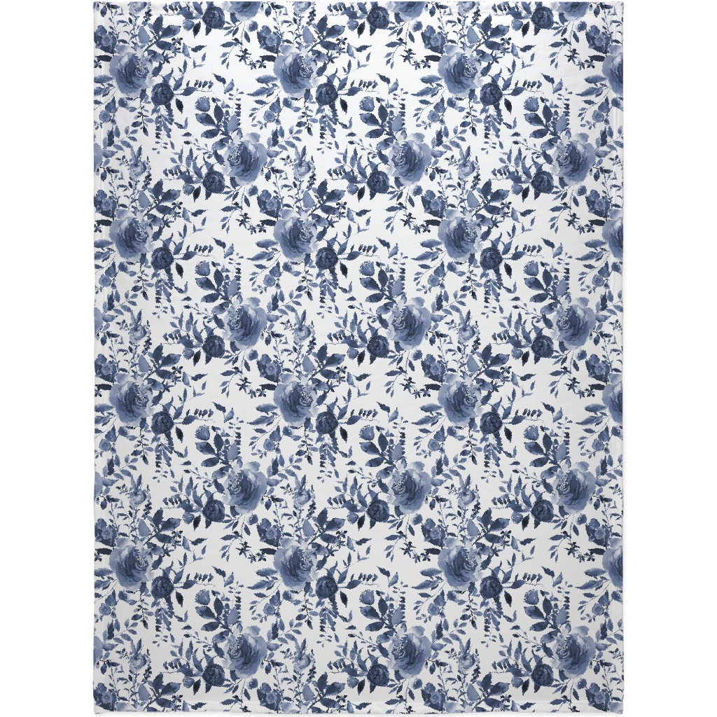 Blue and White Florals - Indigo Blanket, Fleece, 60x80, Blue