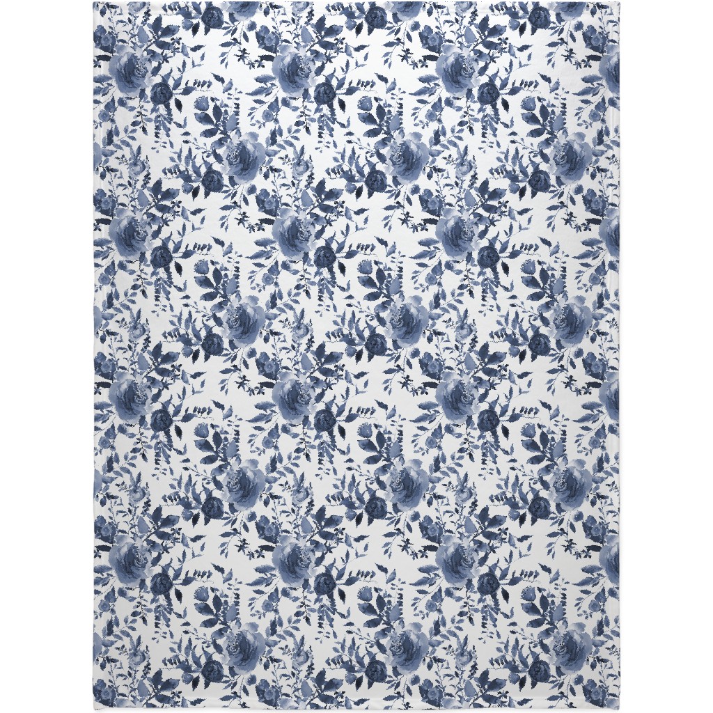 Blue and White Florals - Indigo Blanket, Fleece, 60x80, Blue, True Blue