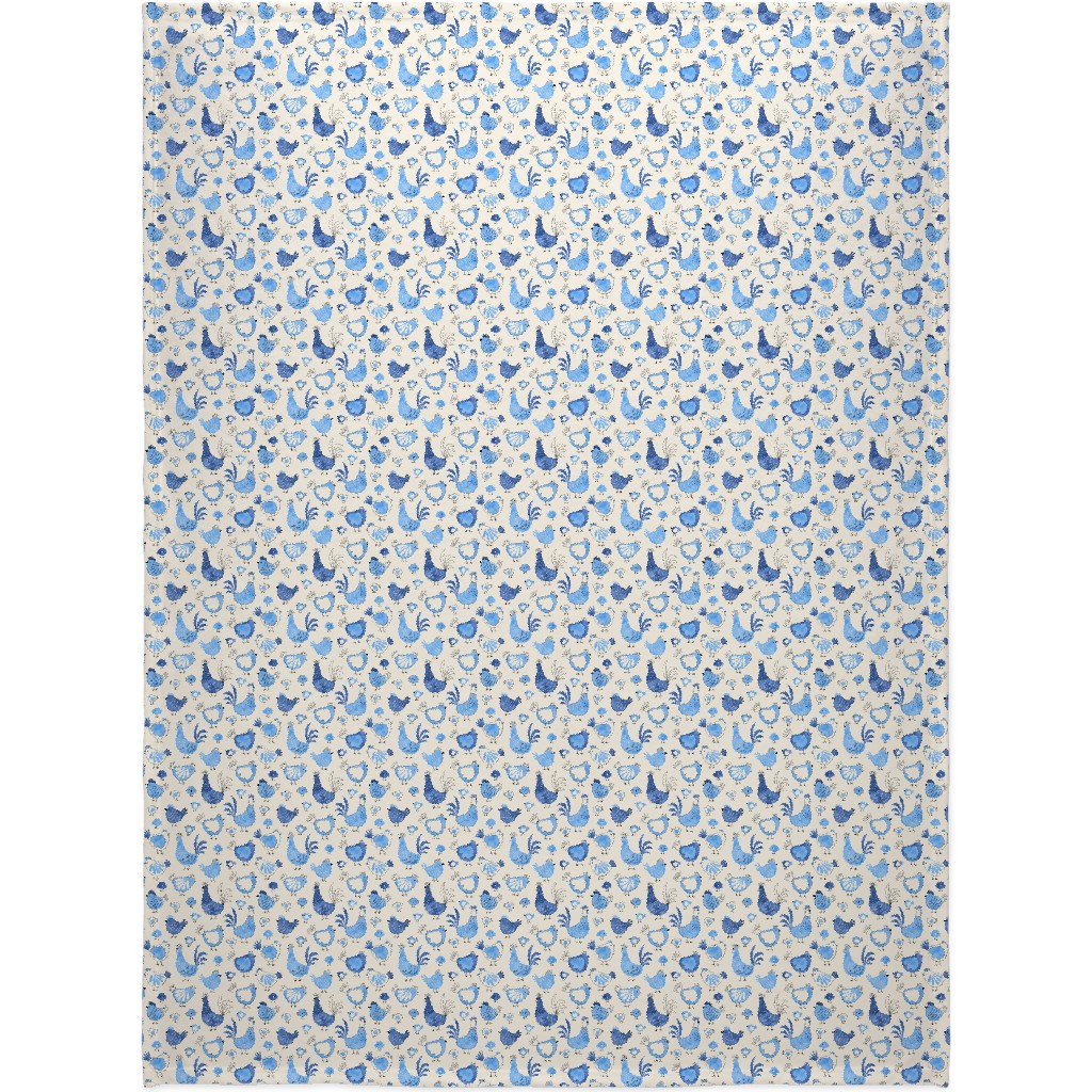Chicken and Rooster - Watercolor - Blue on Creme Blanket, Fleece, 60x80, Blue, True Blue