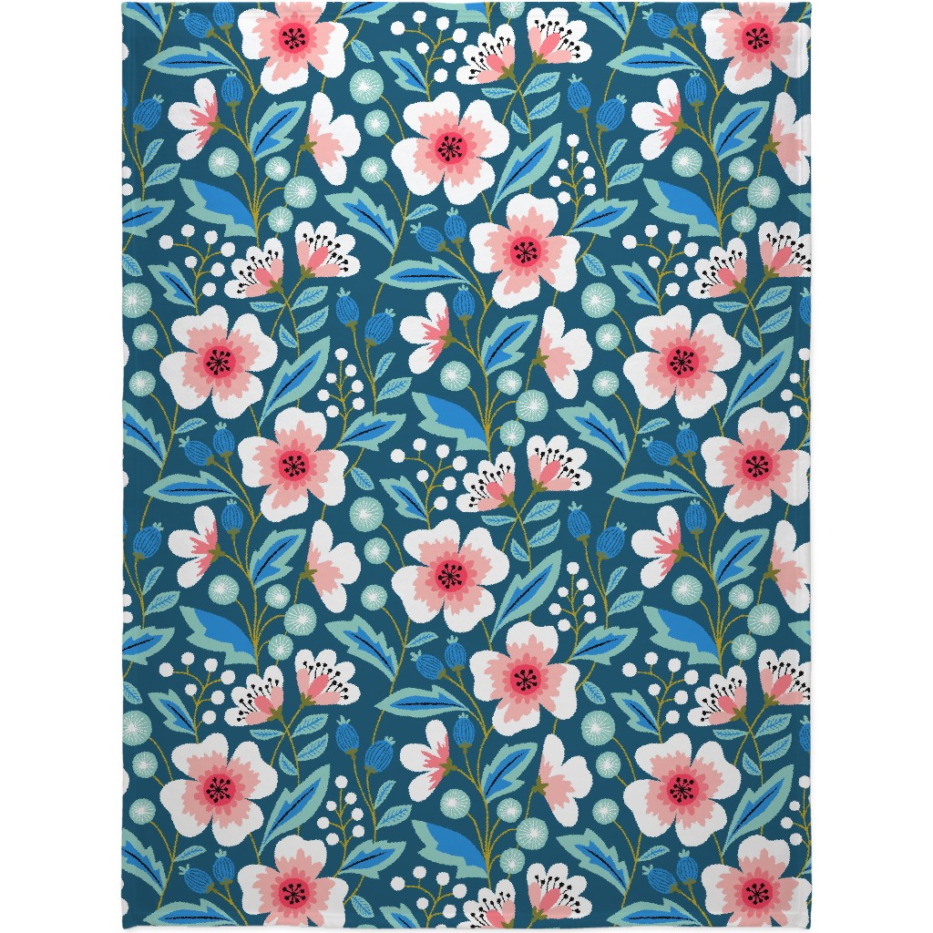 Colorful Spring Flowers - Pink on Blue Blanket, Fleece, 60x80, Green, Classic Green