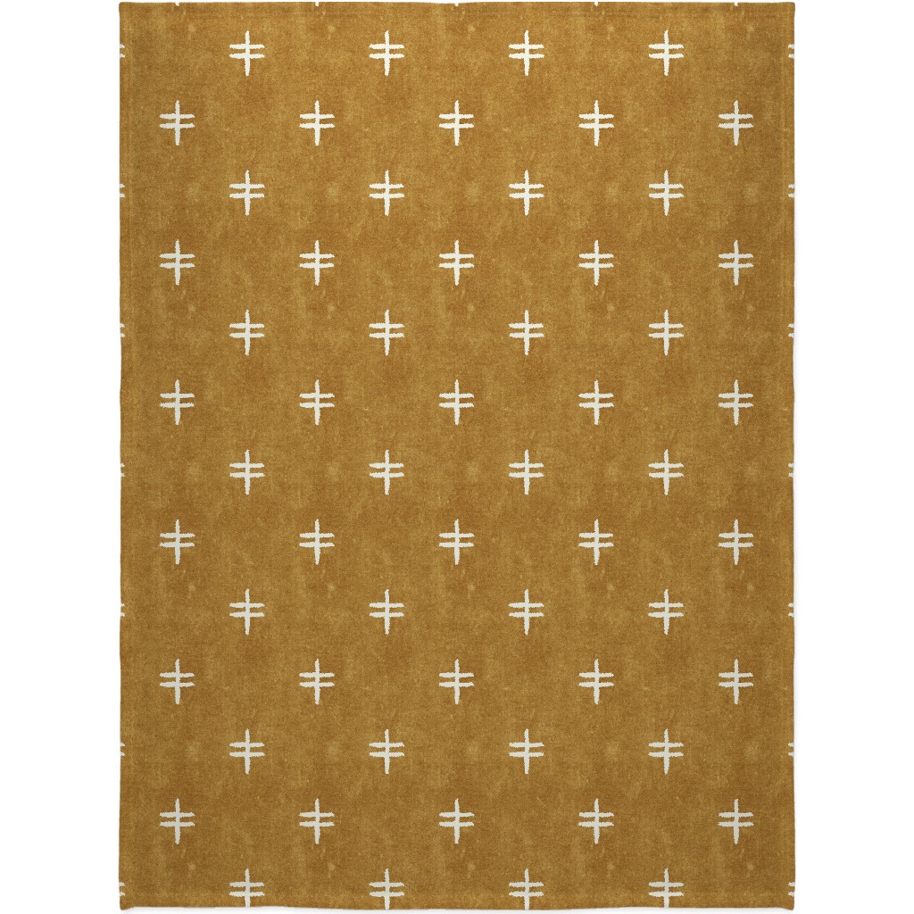 Double Cross Mudcloth Tribal - Mustard Blanket, Fleece, 60x80, Brown