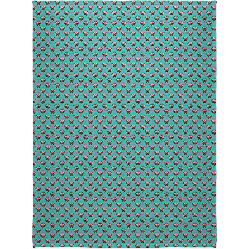 Pugs & Kisses - Cute Pug Dog - Teal Blanket, Fleece, 60x80, Green, Classic Green