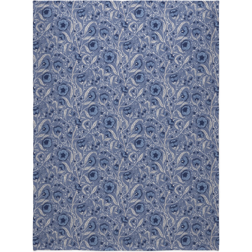 Climbing Flowers and Leafs - Blue Blanket, Plush Fleece, 60x80, Blue, True Blue