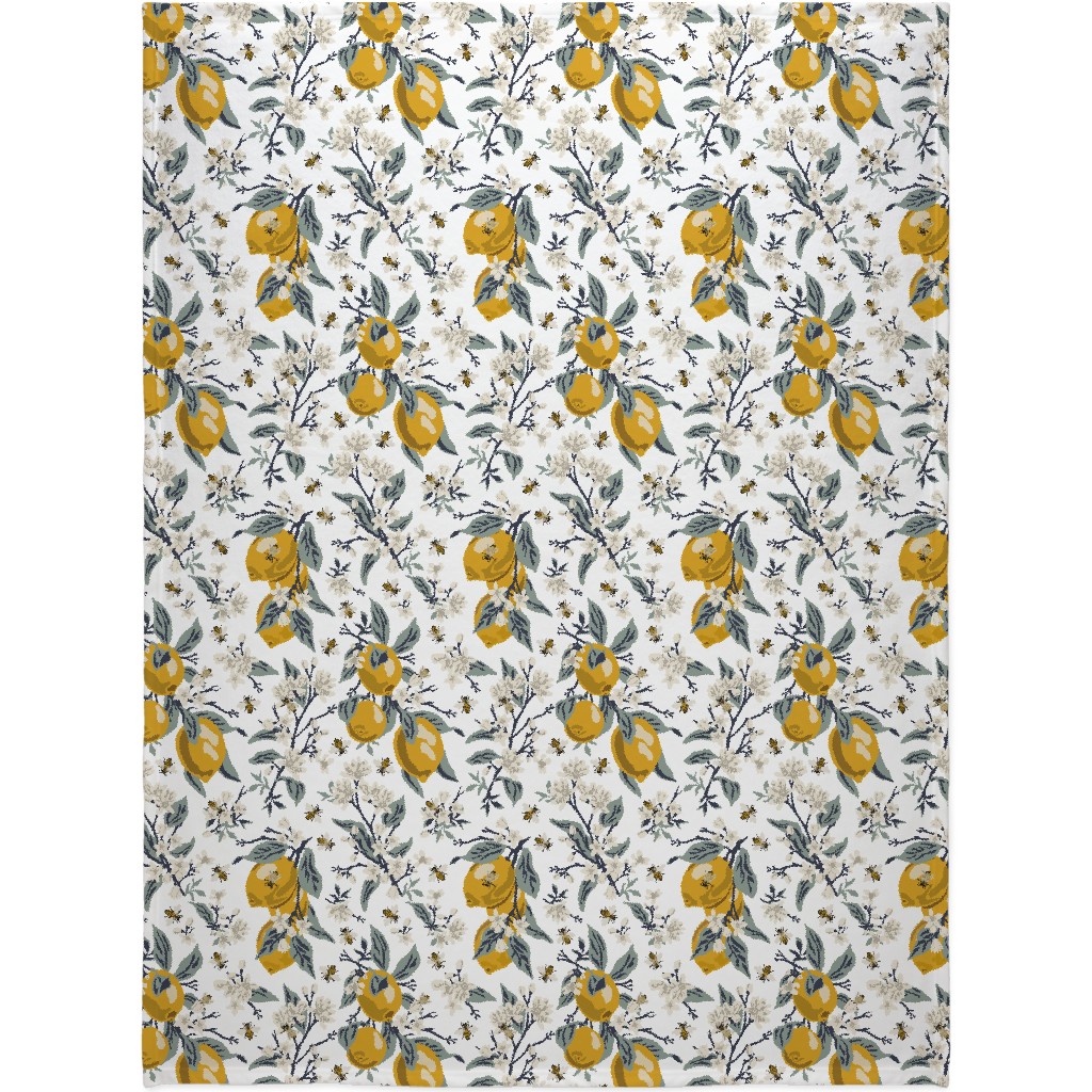 Bees & Lemons Blanket, Plush Fleece, 60x80, Yellow, Antique White