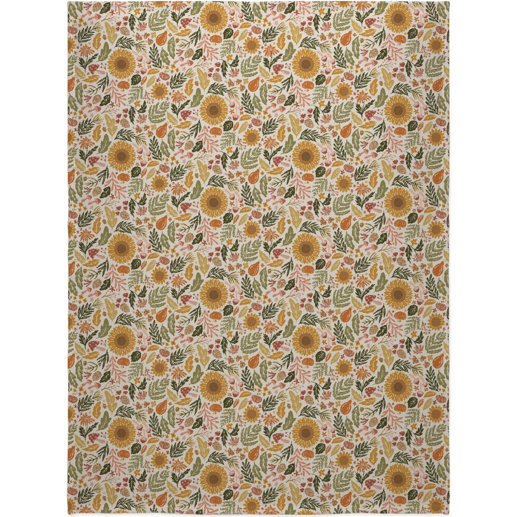 Autumn Botanicals - Leaves, Acorns, Sunflowers, Ferns, Mums, Pinecones, Mushrooms - Light Blanket, Plush Fleece, 60x80, Multicolor