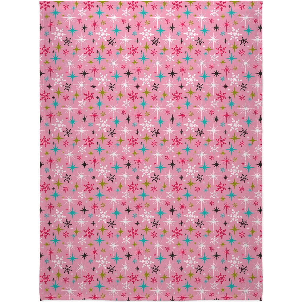 Stardust Retro Christmas Snowflakes and Stars - Pink Blanket, Plush Fleece, 60x80, Pink, Bright Pink
