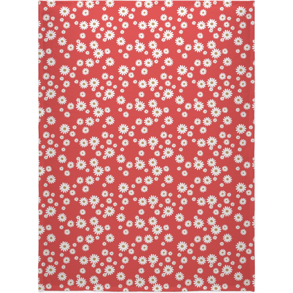 Vintage Daisies - White on Red Blanket, Plush Fleece, 60x80, Red, Red