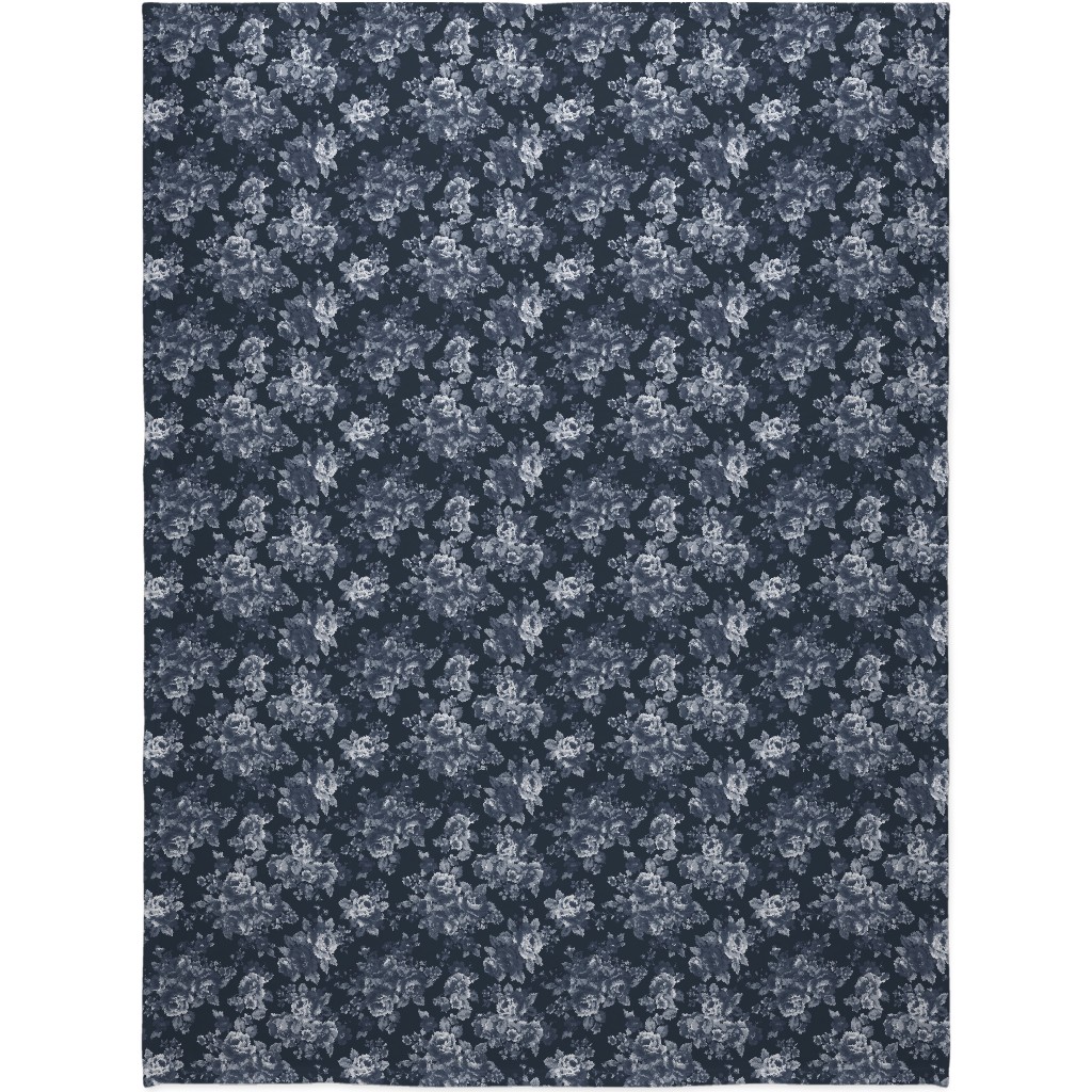 Navy Floral Blanket, Plush Fleece, 60x80, Blue