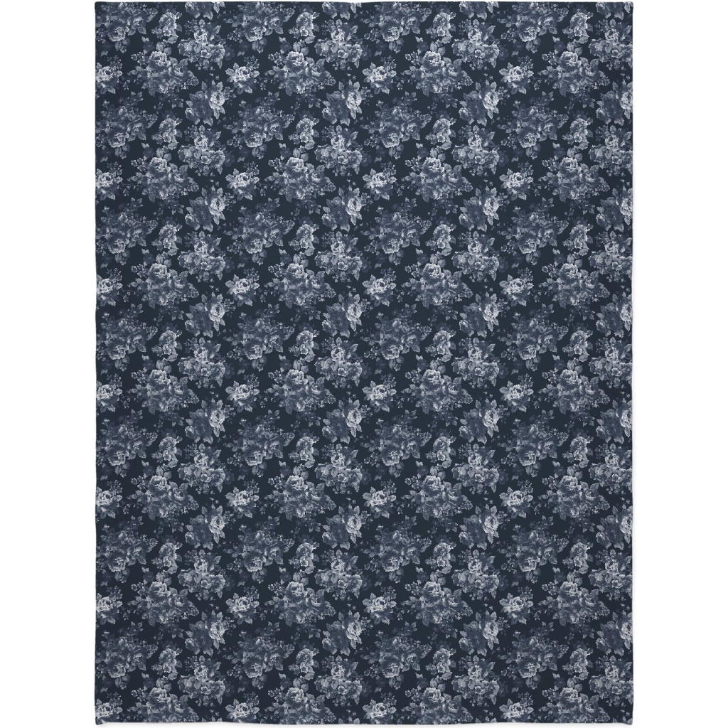 Navy Floral Blanket, Plush Fleece, 60x80, Blue, True Blue