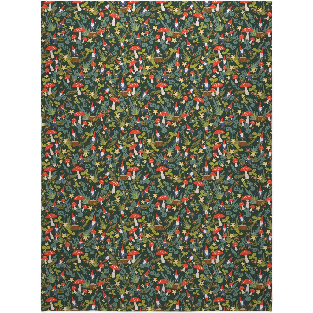 Woodland Gnomes & Mushrooms - Green Blanket, Plush Fleece, 60x80, Green, Classic Green