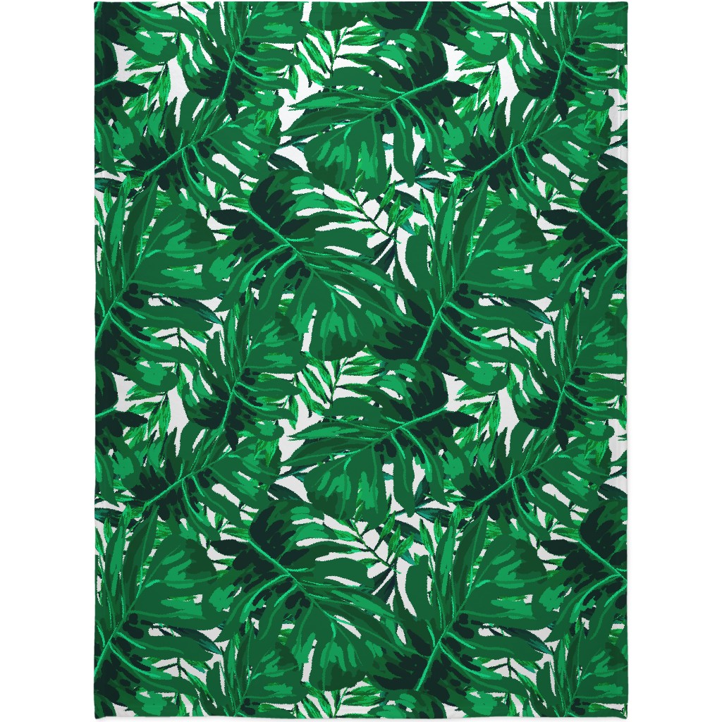Tropical Leaves - Bright Green Blanket, Plush Fleece, 60x80, Green