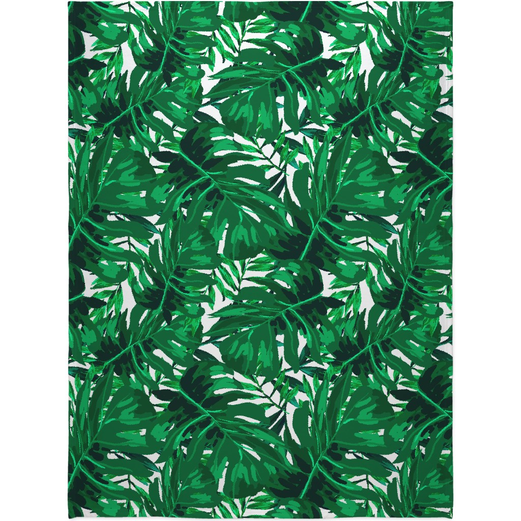Tropical Leaves - Bright Green Blanket, Plush Fleece, 60x80, Green, Classic Green