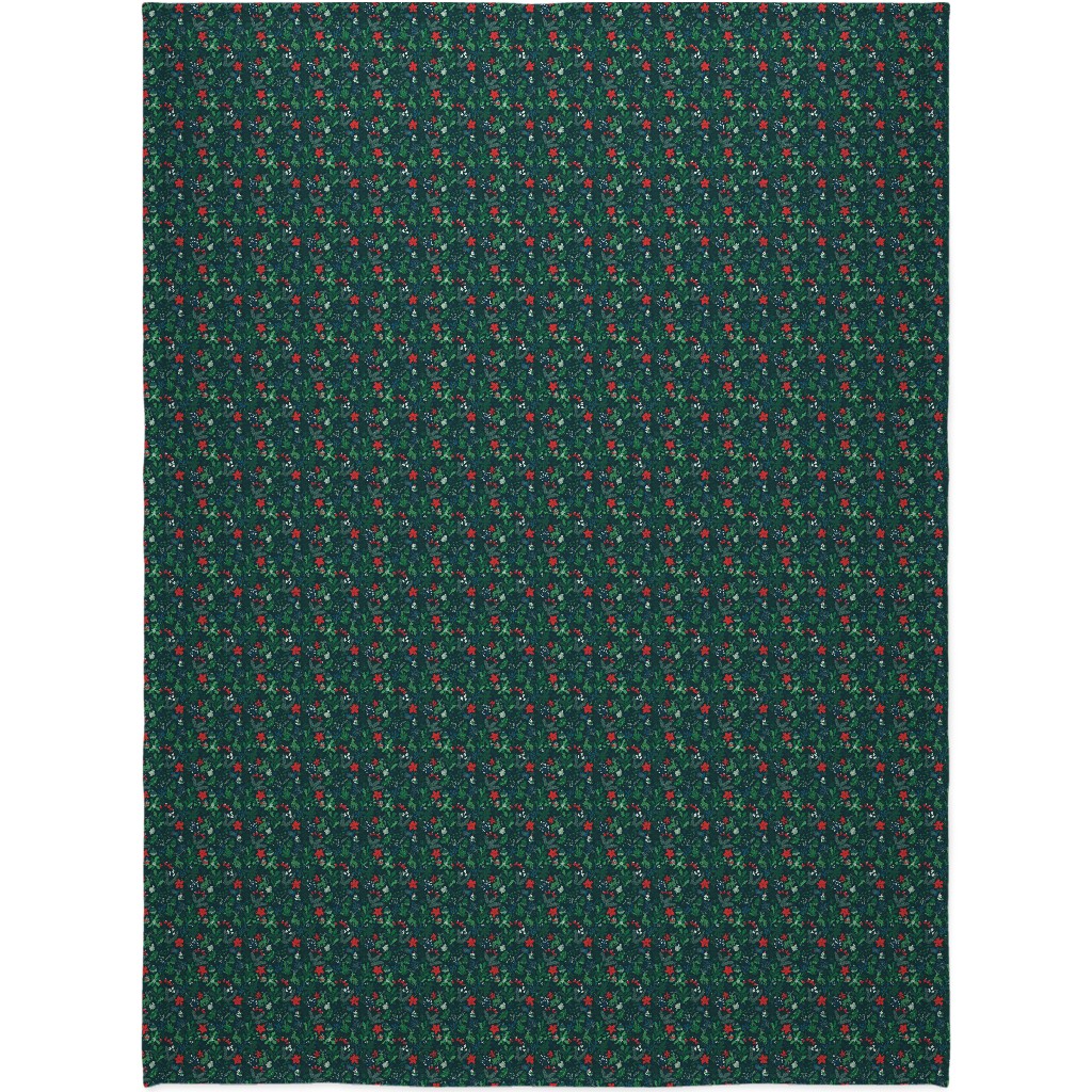 Merry Christmas Floral - Dark Blanket, Plush Fleece, 60x80, Green