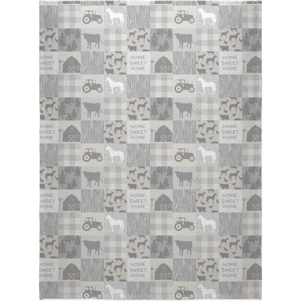 Home Sweet Home Farm - Grey and Cream Blanket, Plush Fleece, 60x80, Gray, Gray