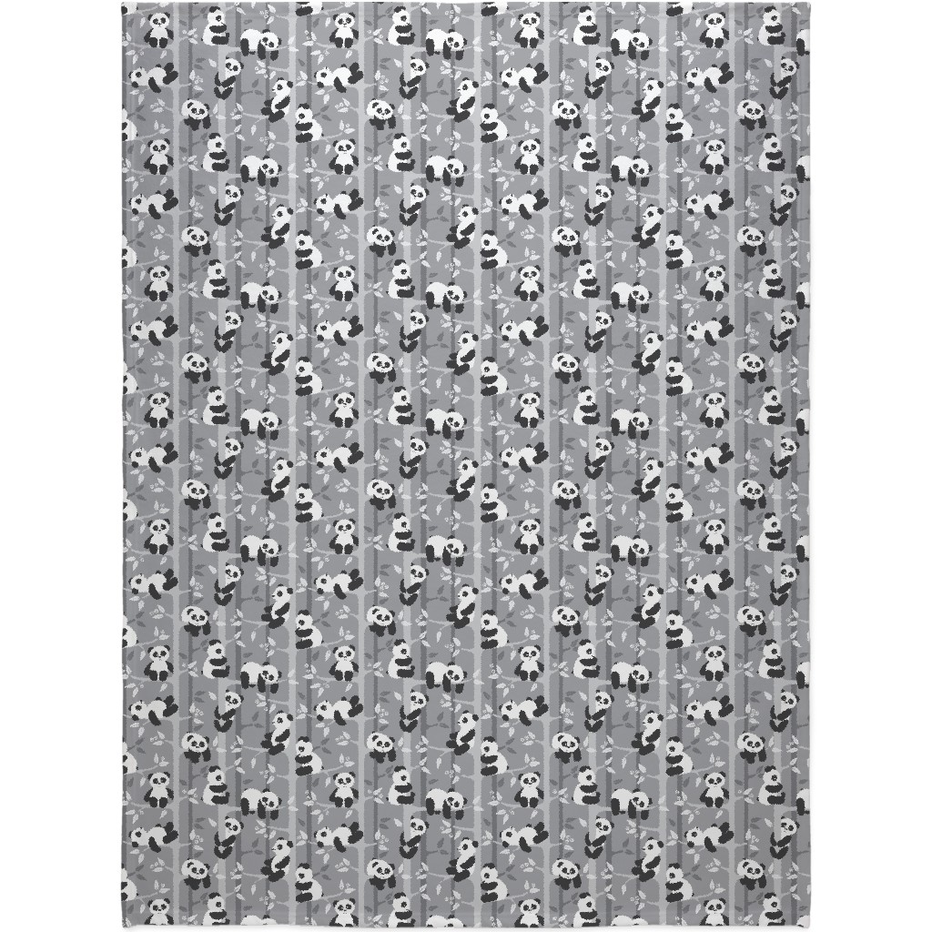 Pandas and Bamboo Blanket, Plush Fleece, 60x80, Gray, Silver