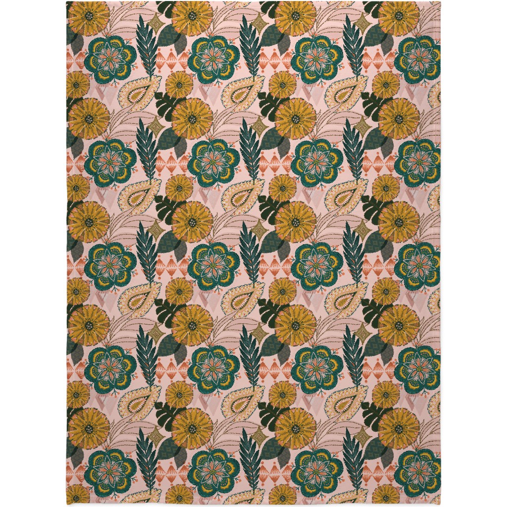 Boho Tropical - Floral - Pink Blanket, Plush Fleece, 60x80, Multicolor